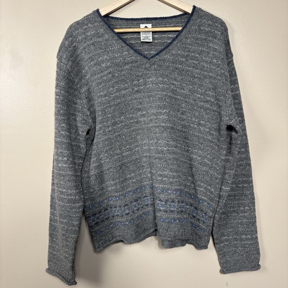 Columbia Womens Shetland Wool Fair Isle Knit Sweater Gray Blue V-Neck Size L